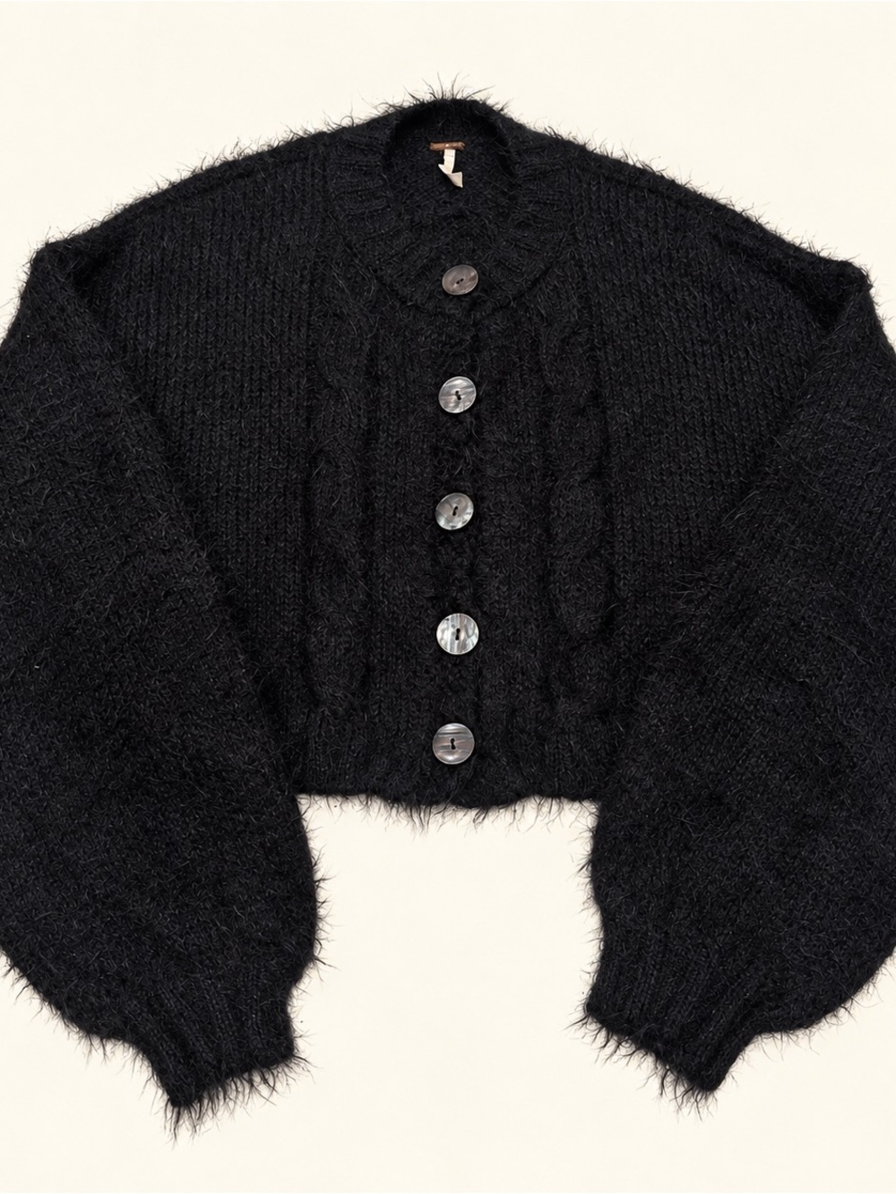 Free People Willow Black Fuzzy Cable Knit Cropped Cardigan Small